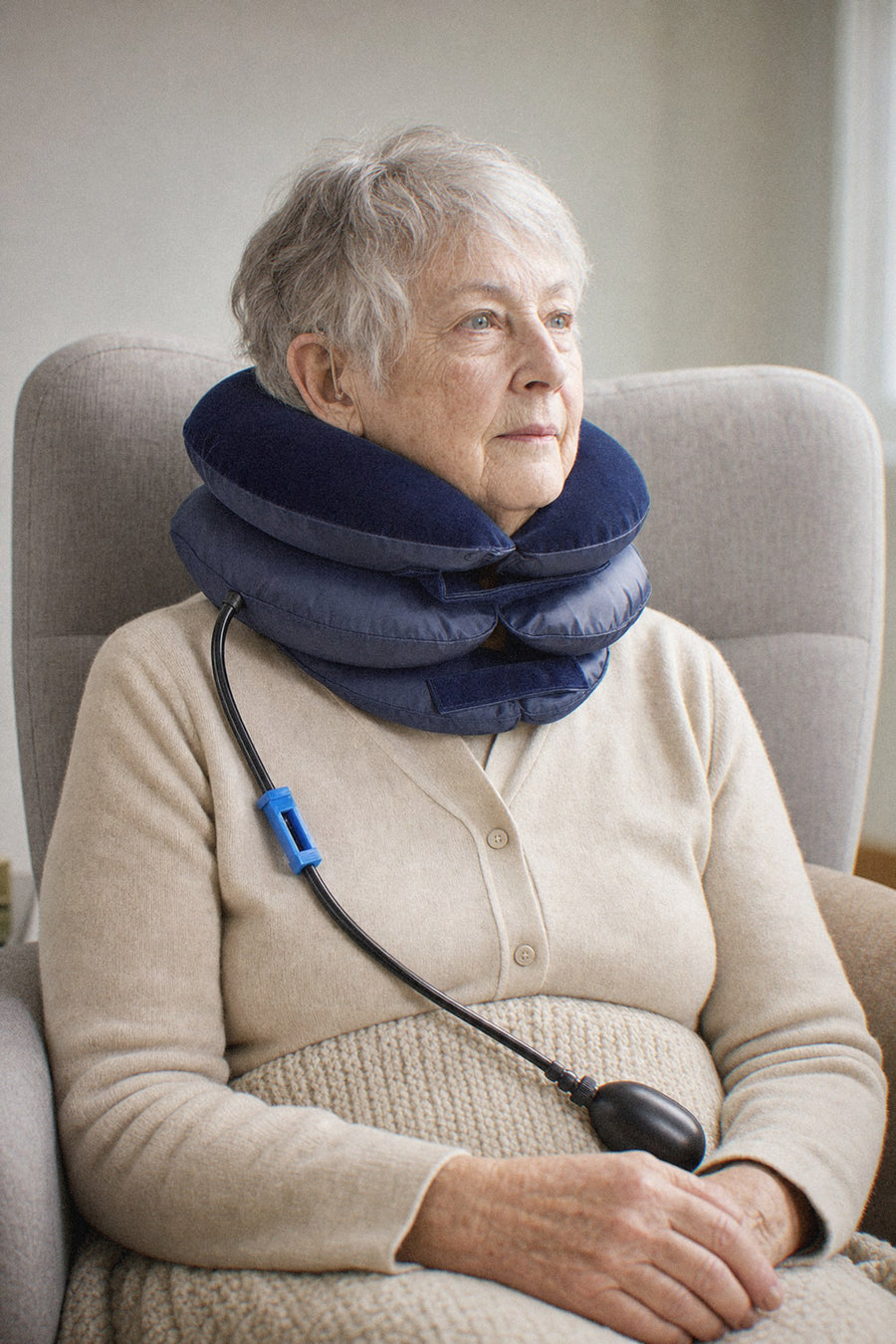 Older woman sitting in an armchair wearing the navy neck traction collar
