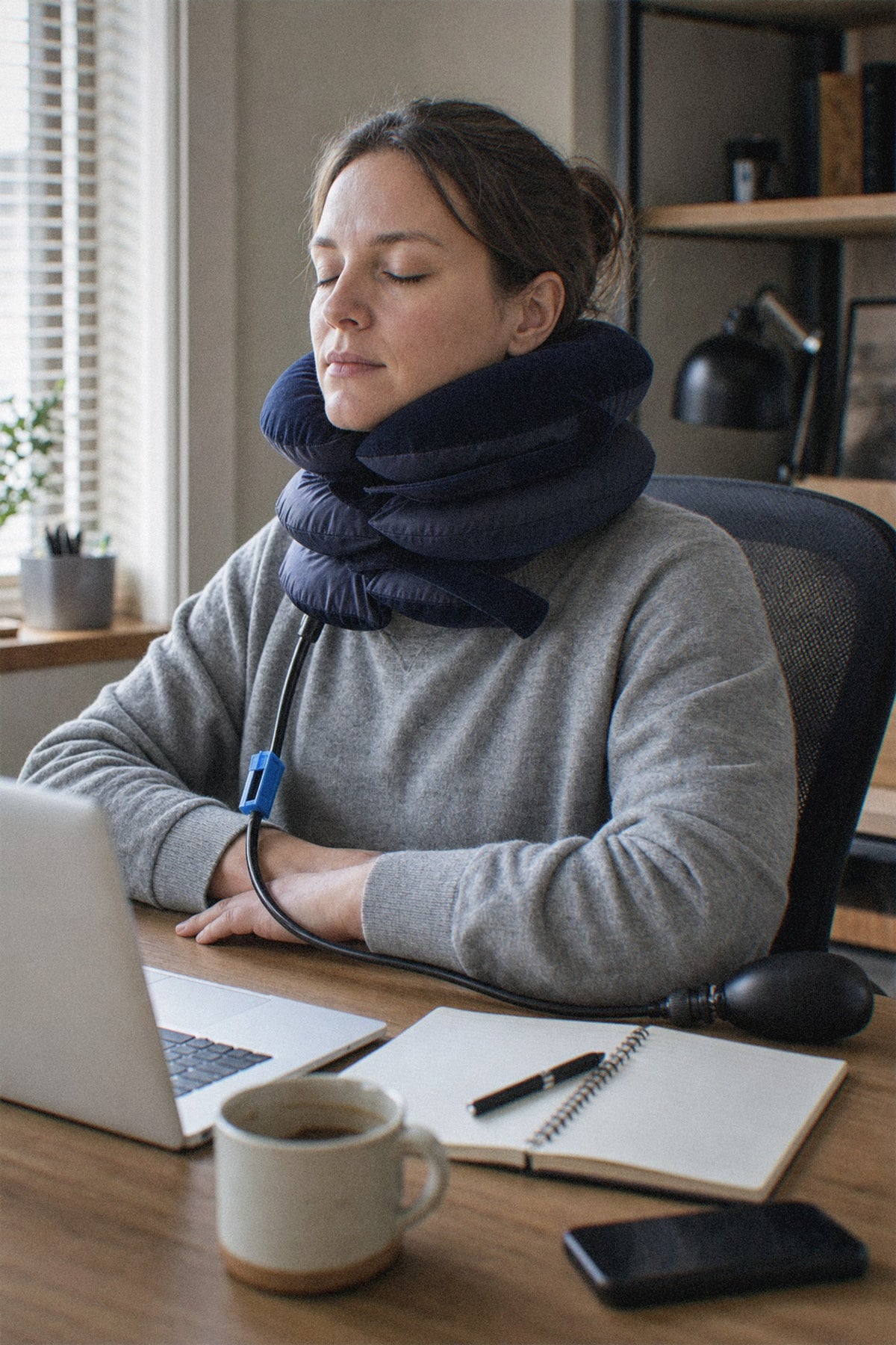 Woman wearing the navy neck traction collar at her home desk, the hand pump beside her laptop