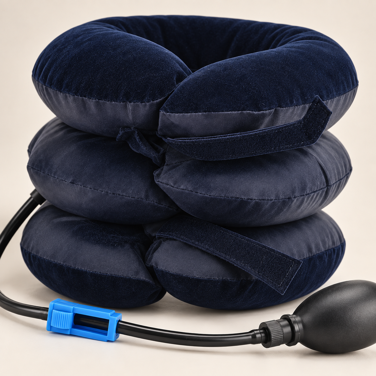 Close-up of the navy three-chamber inflatable neck collar showing its two adjustable fabric fastening straps and soft stitched surface.