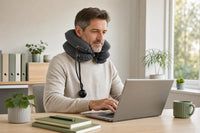 Person wearing the cervical traction pillow at their office desk